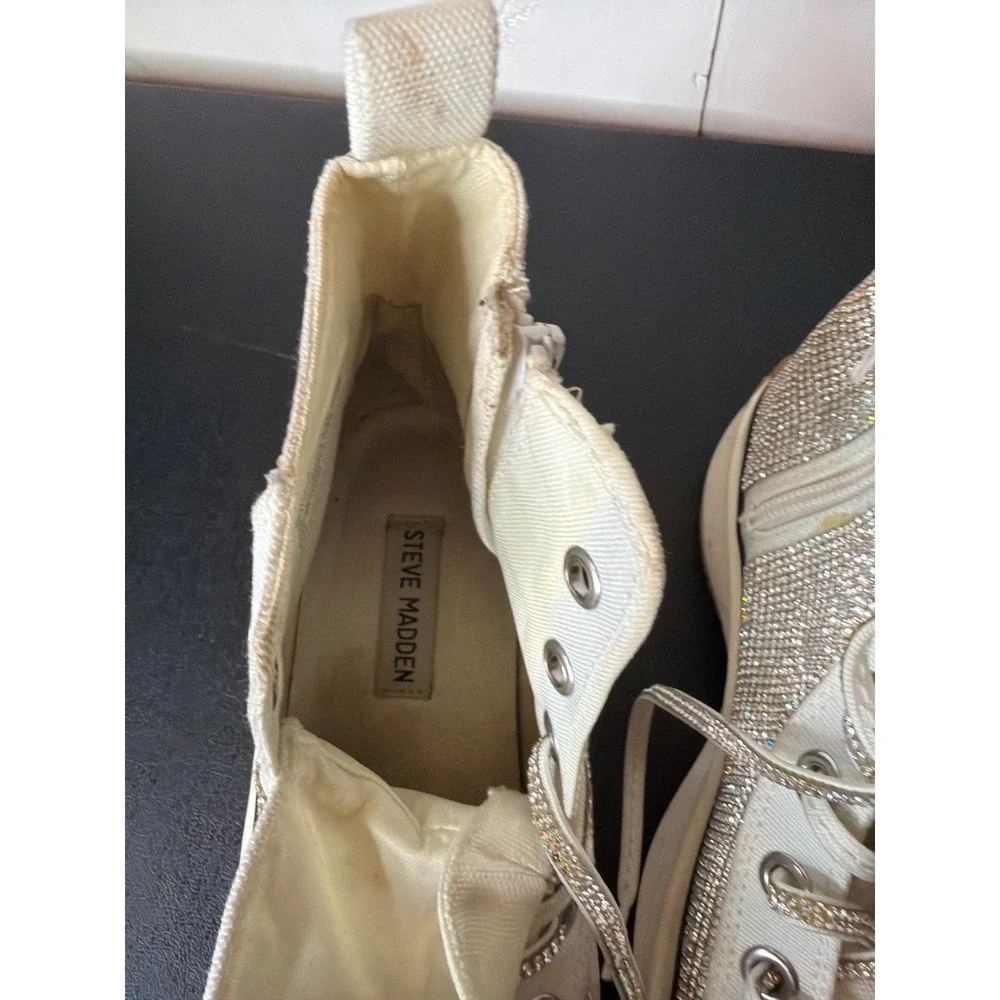 Steve Madden Womens White Canvas Rhinestone Platform Sneaker SHAFT-R 7M